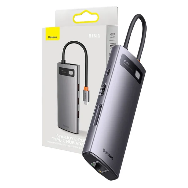 27803_1 Adapteris 8in1 Baseus StarJoy serijos, USB-C ir 3x USB 3.1 + HDMI + USB-C PD + RJ45 + microSD/SD