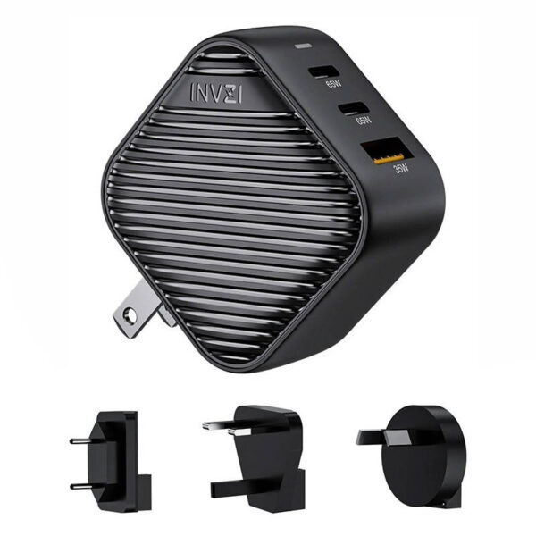 "INVZI GanHub" 2x USB-C + USB sieninis įkroviklis, 65 W, ES/UK/AU/USA (juodas)